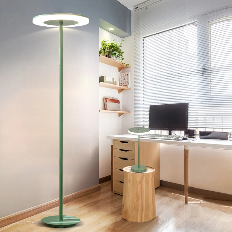 Acryl schijfvormige staande lamp Macaron-stijl LED-vloerverlichting met slanke buisvormige steel roze/geel, warm/wit licht...