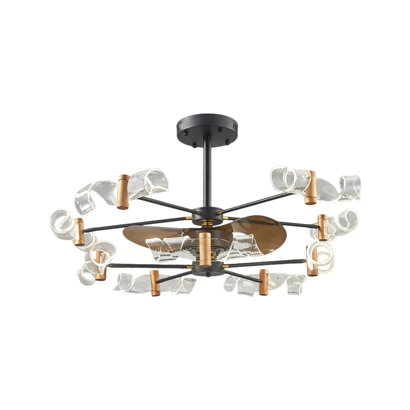 Acryl wervelend semi-inbouwlicht modernistisch 10 lampen 39 "W hangende ventilatorlamp met 3 bruine bladen zwart Clearhalo