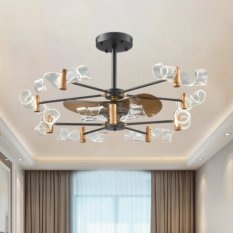Acryl wervelend semi-inbouwlicht modernistisch 10 lampen 39 "W hangende ventilatorlamp met 3 bruine bladen zwart Clearhalo