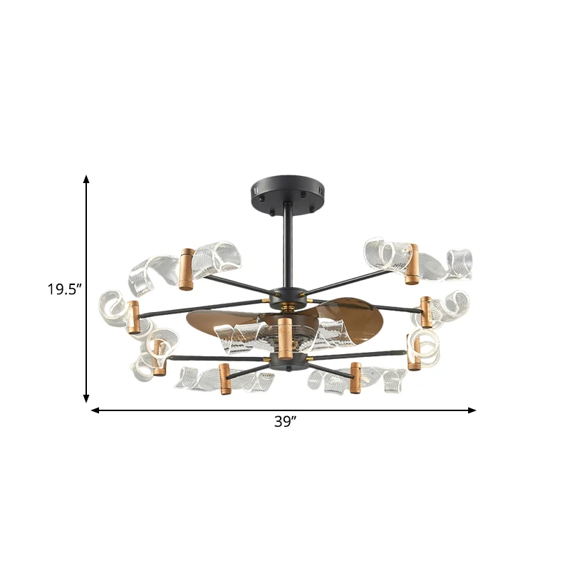 Acryl wervelend semi-inbouwlicht modernistisch 10 lampen 39 "W hangende ventilatorlamp met 3 bruine bladen zwart Clearhalo