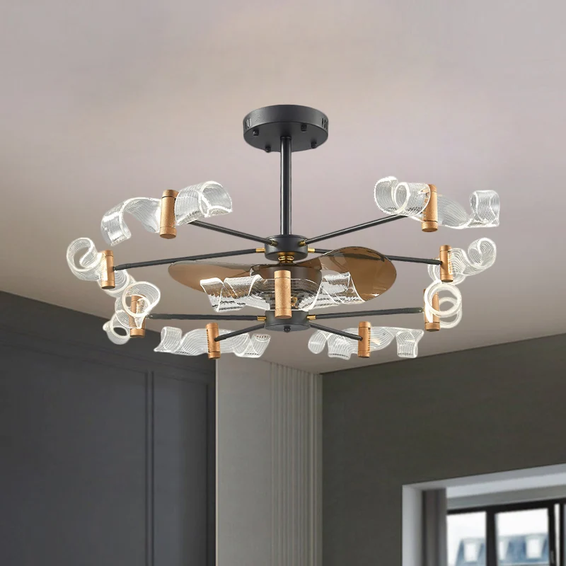Acryl wervelend semi-inbouwlicht modernistisch 10 lampen 39 "W hangende ventilatorlamp met 3 bruine bladen zwart Clearhalo