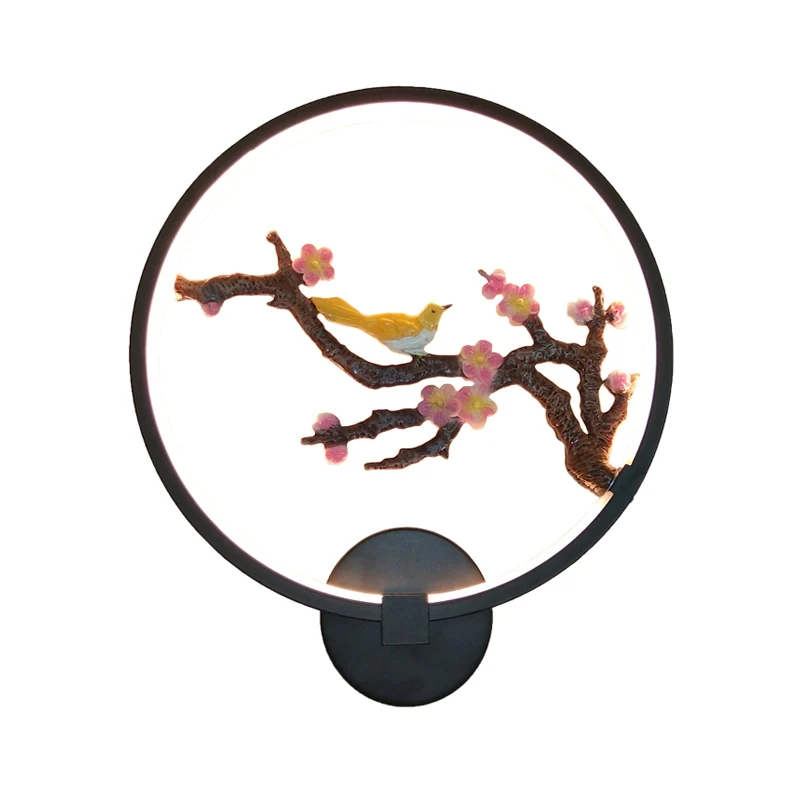 Afgeronde pruimenbloesems muurschildering licht oosterse stijl metallic LED zwarte wandmontage verlichting Clearhalo