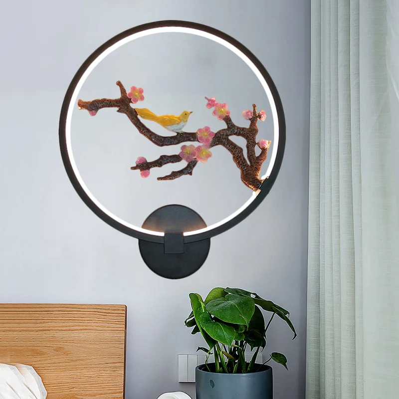 Afgeronde pruimenbloesems muurschildering licht oosterse stijl metallic LED zwarte wandmontage verlichting Clearhalo