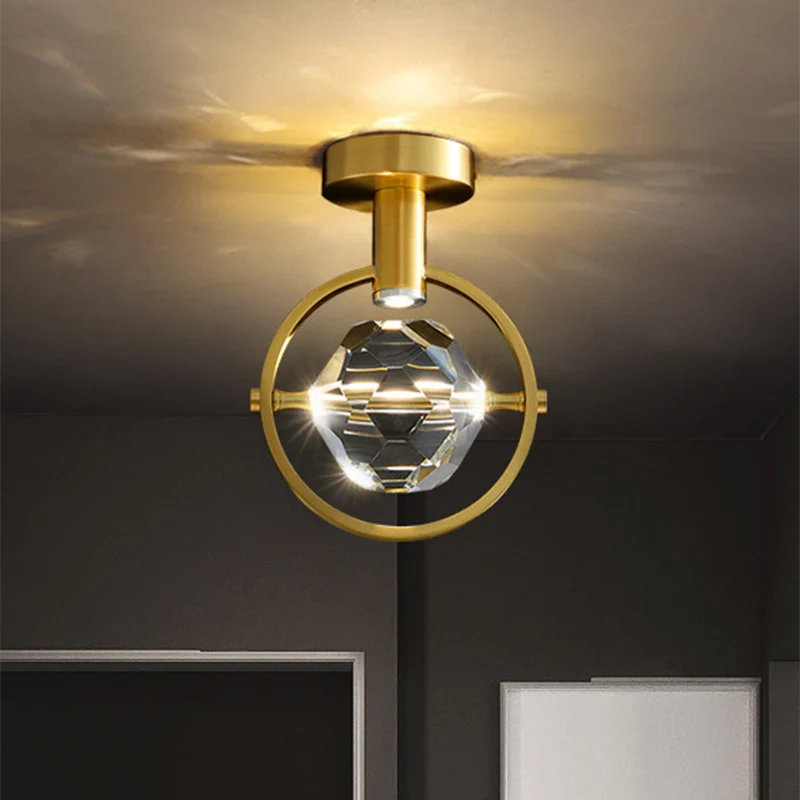 Afgeschuinde hexaëder/bal helder kristal semi-inbouw moderne LED veranda plafondmontage licht messing Clearhalo