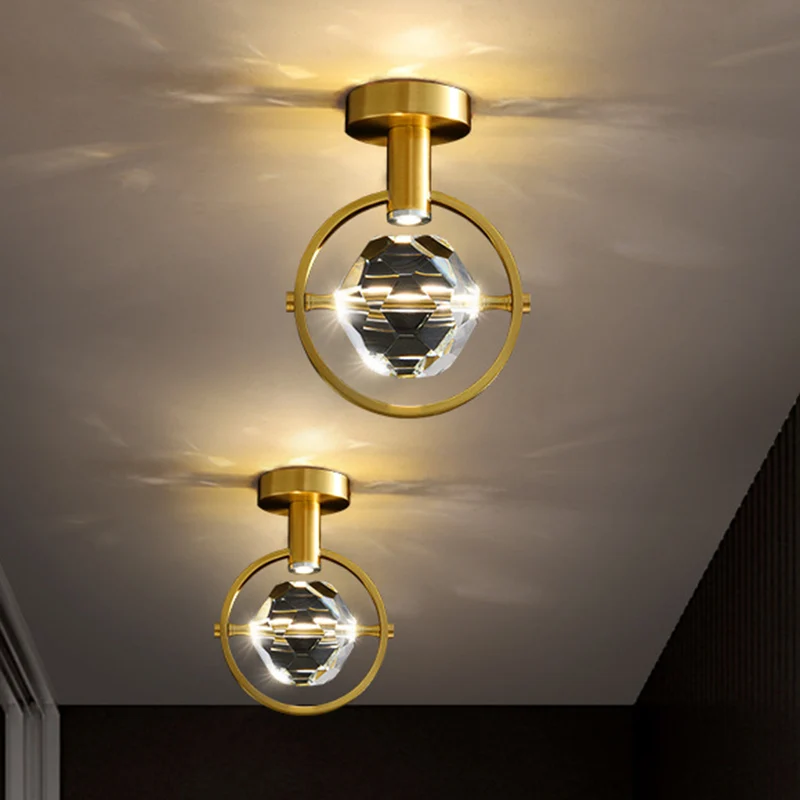 Afgeschuinde hexaëder/bal helder kristal semi-inbouw moderne LED veranda plafondmontage licht messing Clearhalo