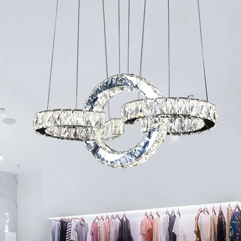 Afgeschuinde kristallen LED-hanglamp modernistische zwarte elkaar grijpende ringen eetkamer kroonluchter Clearhalo