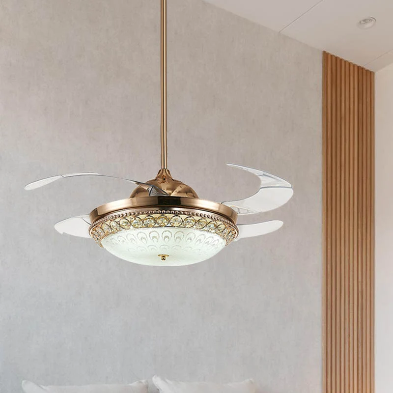 Afstandsbediening Gouden Dome Fan Light Kit Moderniteit LED Kristallen Hangende Plafondlamp voor Slaapkamer Clearhalo