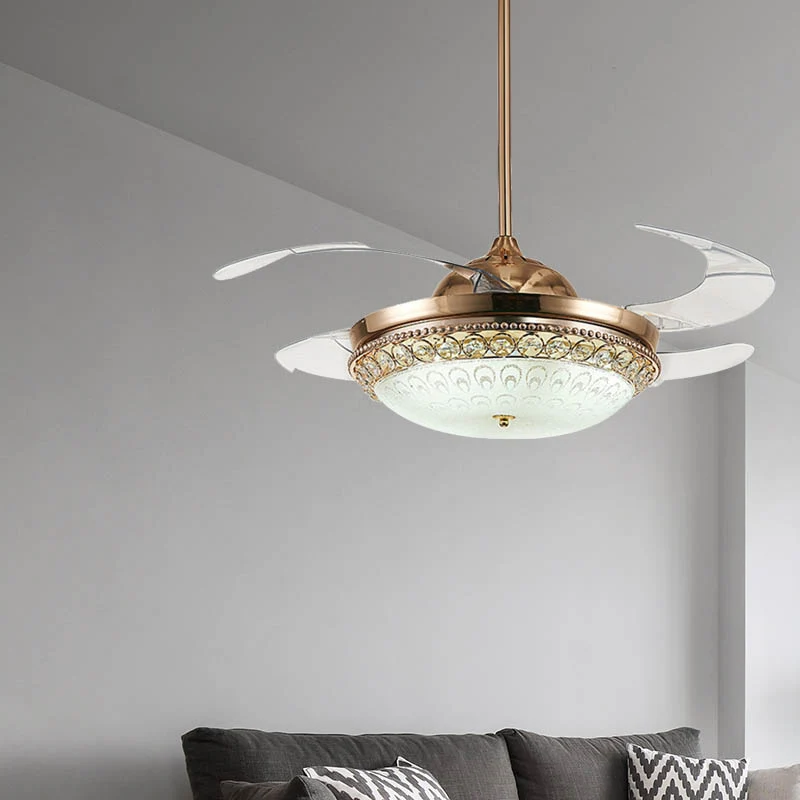 Afstandsbediening Gouden Dome Fan Light Kit Moderniteit LED Kristallen Hangende Plafondlamp voor Slaapkamer Clearhalo