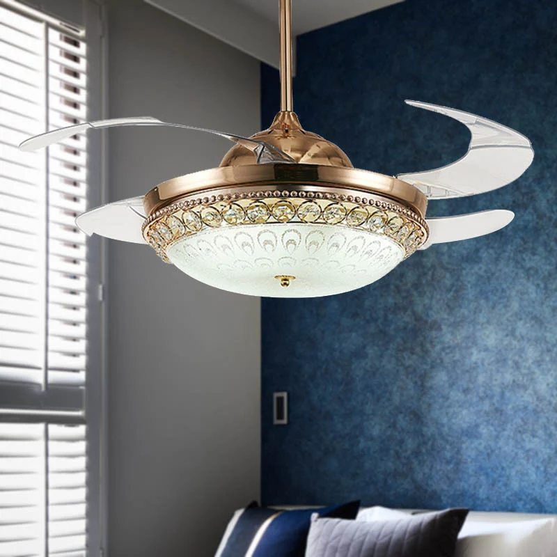 Afstandsbediening Gouden Dome Fan Light Kit Moderniteit LED Kristallen Hangende Plafondlamp voor Slaapkamer Clearhalo