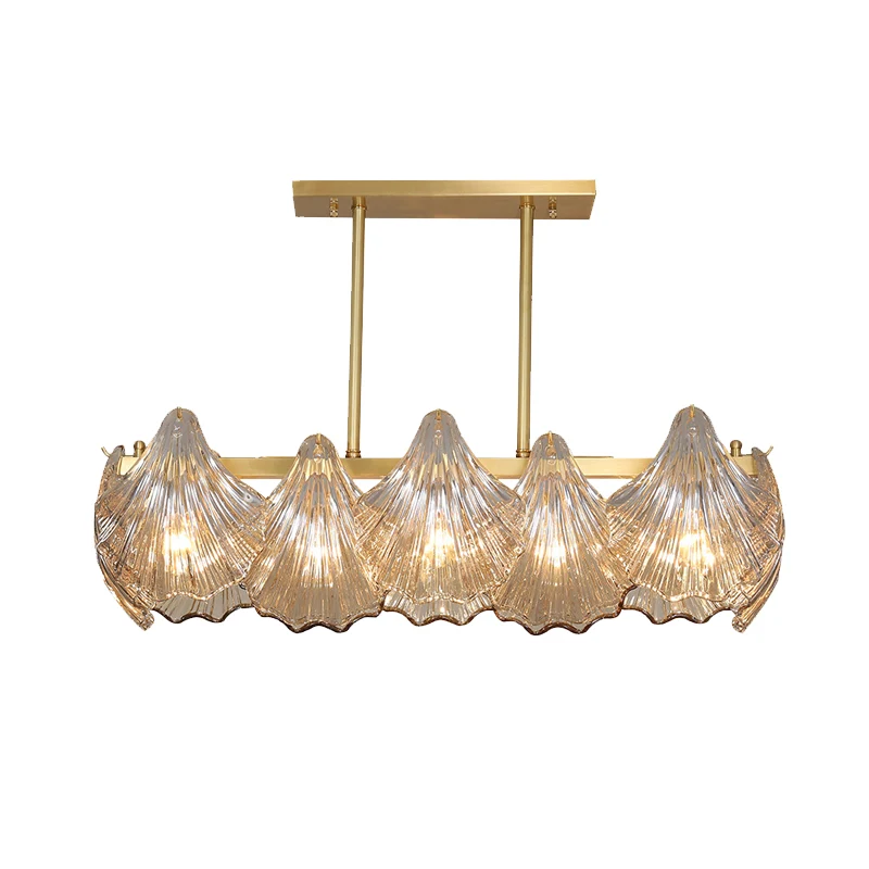Amber Crystal Brass Island Lighting Shell 8-lichts eigentijdse hanglamp met lineaire metalen arm Clearhalo