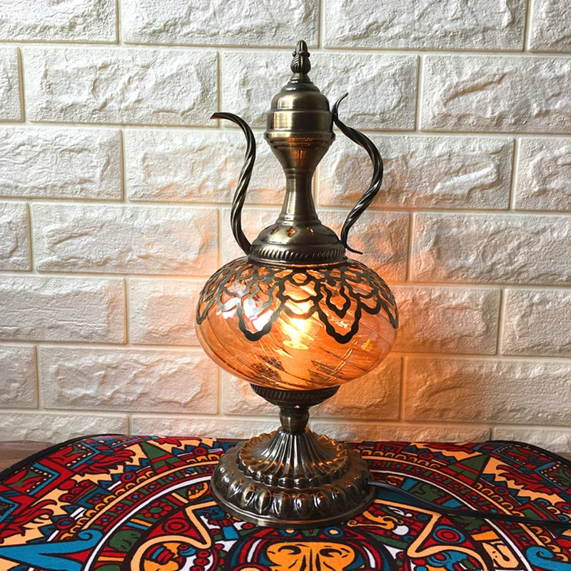 Amberglas Messing Tafelverlichting Theepot/Ovaal 1 Lamp Bohemen Nachtkastje Licht voor Slaapkamer, 14"/16" Hoog Clearhalo