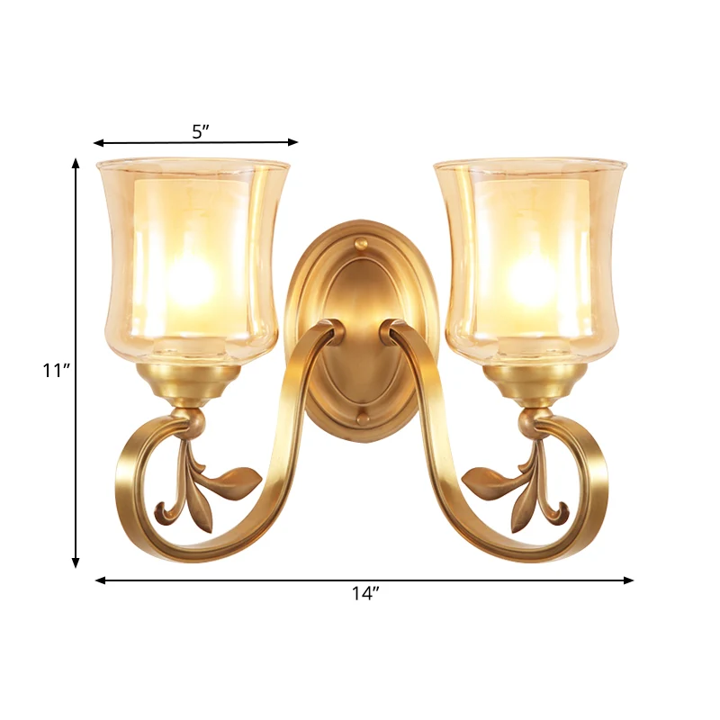 Amberkleurige glazen bel wandgemonteerde lamp Vintage 1/2-lamp foyer messing afwerking schansverlichting met binnencilinde...