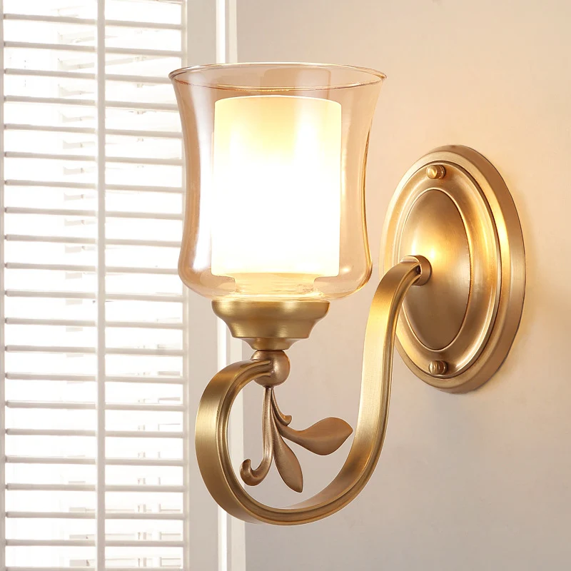 Amberkleurige glazen bel wandgemonteerde lamp Vintage 1/2-lamp foyer messing afwerking schansverlichting met binnencilinde...