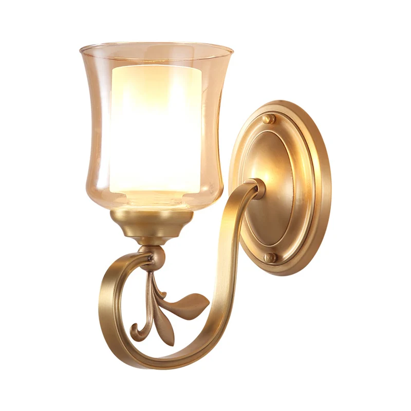 Amberkleurige glazen bel wandgemonteerde lamp Vintage 1/2-lamp foyer messing afwerking schansverlichting met binnencilinde...