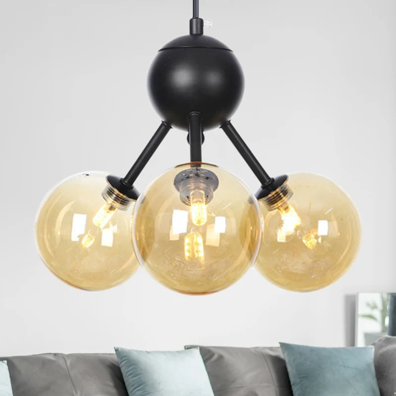 Amberkleurige glazen bol plafondkroonluchter modernistische 3-kops LED hangende hanglamp zwart Clearhalo