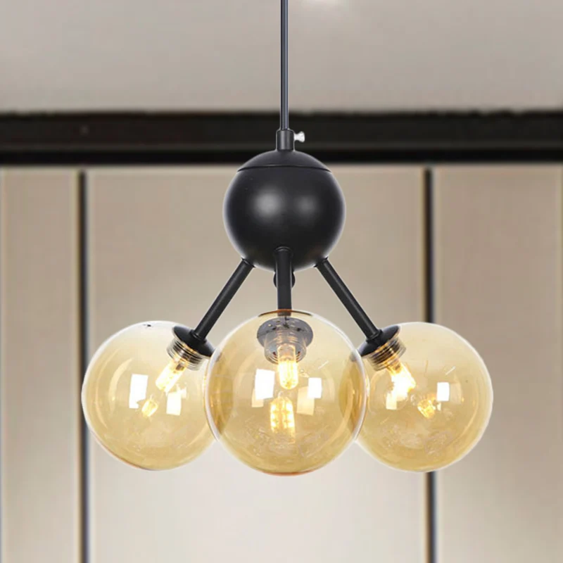 Amberkleurige glazen bol plafondkroonluchter modernistische 3-kops LED hangende hanglamp zwart Clearhalo