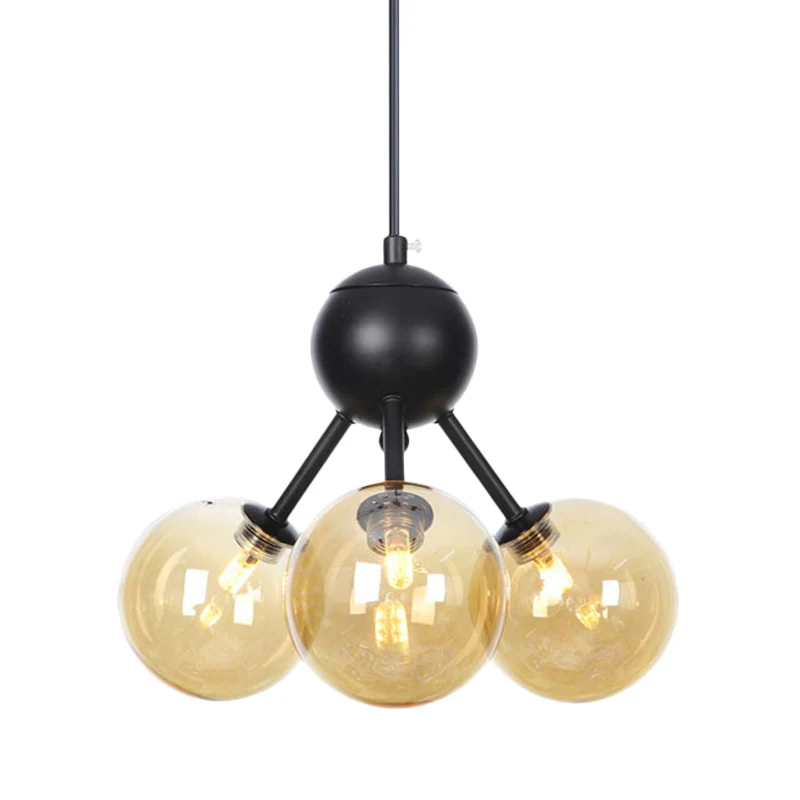 Amberkleurige glazen bol plafondkroonluchter modernistische 3-kops LED hangende hanglamp zwart Clearhalo