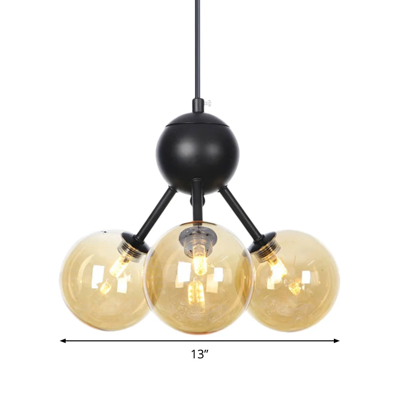 Amberkleurige glazen bol plafondkroonluchter modernistische 3-kops LED hangende hanglamp zwart Clearhalo