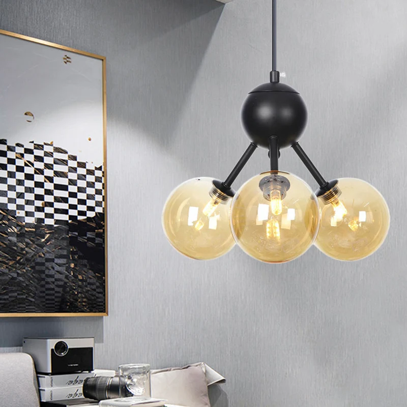 Amberkleurige glazen bol plafondkroonluchter modernistische 3-kops LED hangende hanglamp zwart Clearhalo