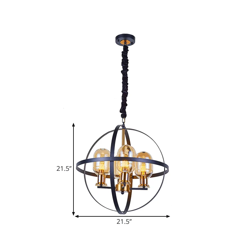 Amberkleurige glazen ellips hangende kroonluchter, eigentijdse 4/6-lichts zwart-gouden hanglamp met bolframe-ontwerp Clear...