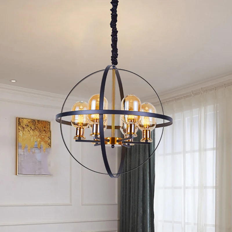 Amberkleurige glazen ellips hangende kroonluchter, eigentijdse 4/6-lichts zwart-gouden hanglamp met bolframe-ontwerp Clear...