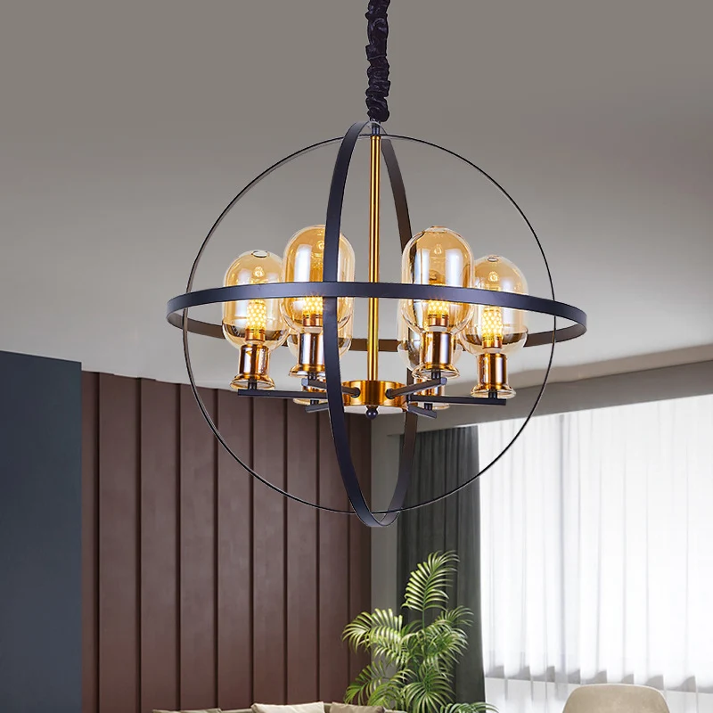 Amberkleurige glazen ellips hangende kroonluchter, eigentijdse 4/6-lichts zwart-gouden hanglamp met bolframe-ontwerp Clear...