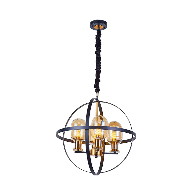 Amberkleurige glazen ellips hangende kroonluchter, eigentijdse 4/6-lichts zwart-gouden hanglamp met bolframe-ontwerp Clear...