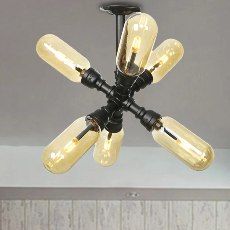 Amberkleurige glazen plafondlamp Capsule Shade 4/5/6 Lichte rustieke keuken Semi Flush matzwart met pijpontwerp Clearhalo