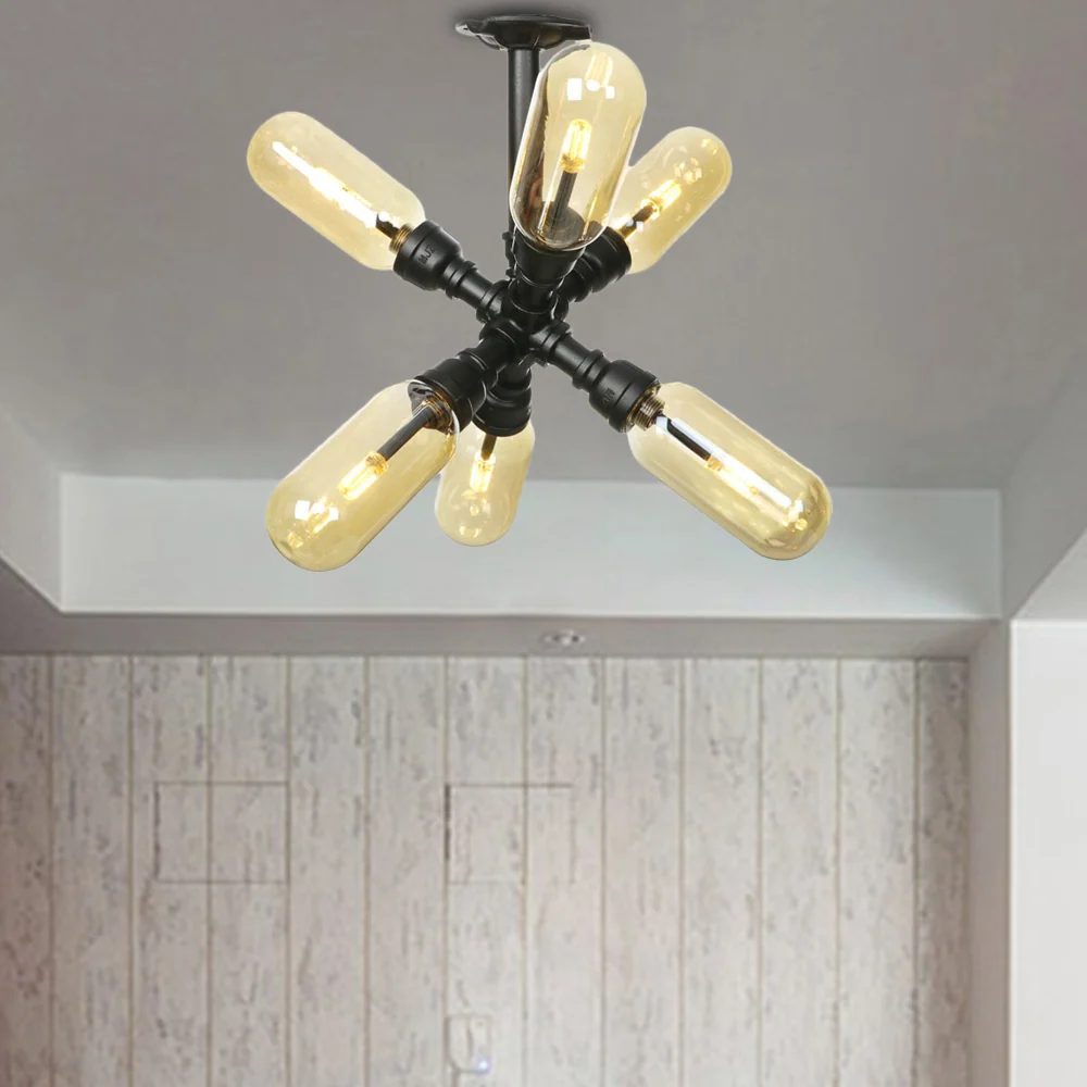 Amberkleurige glazen plafondlamp Capsule Shade 4/5/6 Lichte rustieke keuken Semi Flush matzwart met pijpontwerp Clearhalo