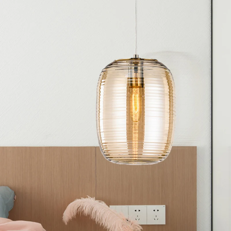 Amber/rookcilinder hanglamp postmodern 1 licht geribbeld glazen hanglamp voor slaapkamer Clearhalo