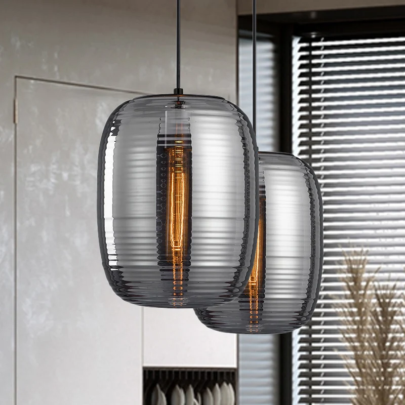 Amber/rookcilinder hanglamp postmodern 1 licht geribbeld glazen hanglamp voor slaapkamer Clearhalo