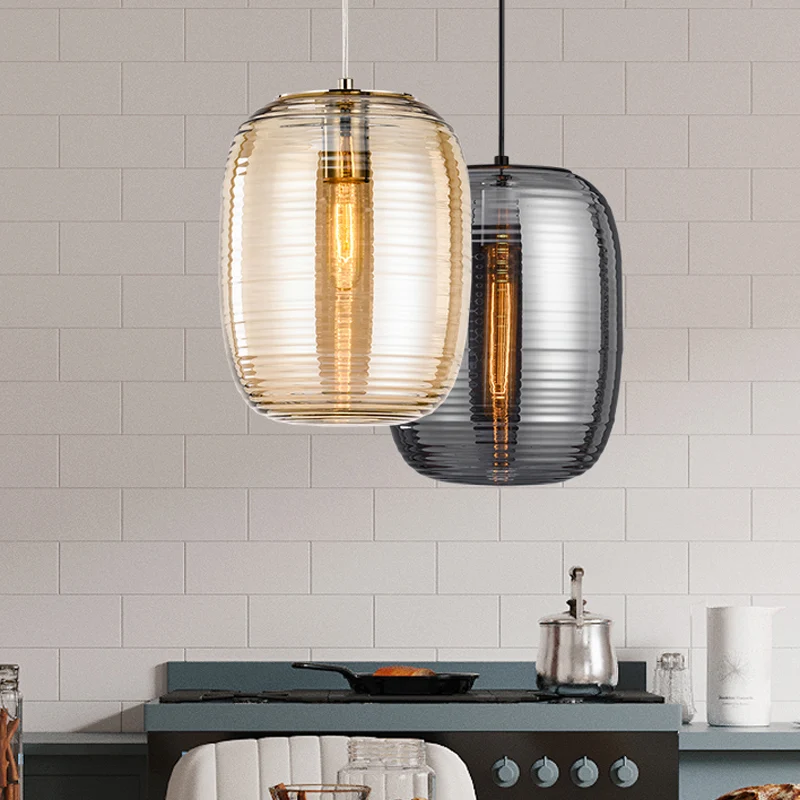 Amber/rookcilinder hanglamp postmodern 1 licht geribbeld glazen hanglamp voor slaapkamer Clearhalo
