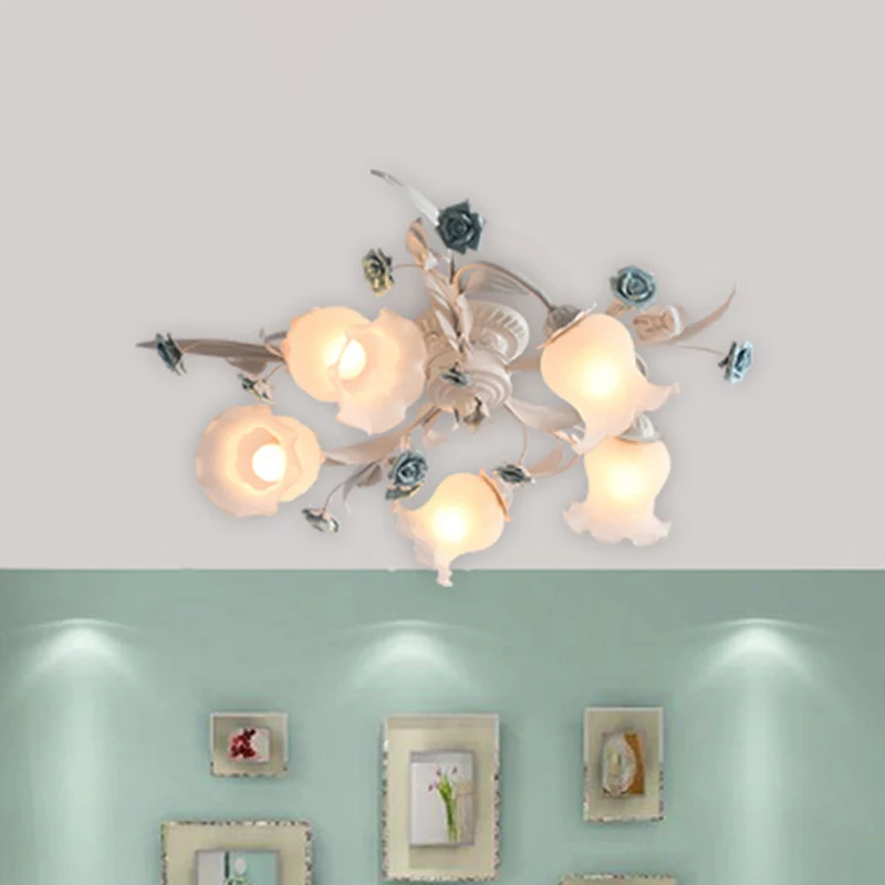 American Garden Flower semi-inbouwlamp, 5 lampen, inbouwlamp van mat wit glas voor woonkamer Clearhalo
