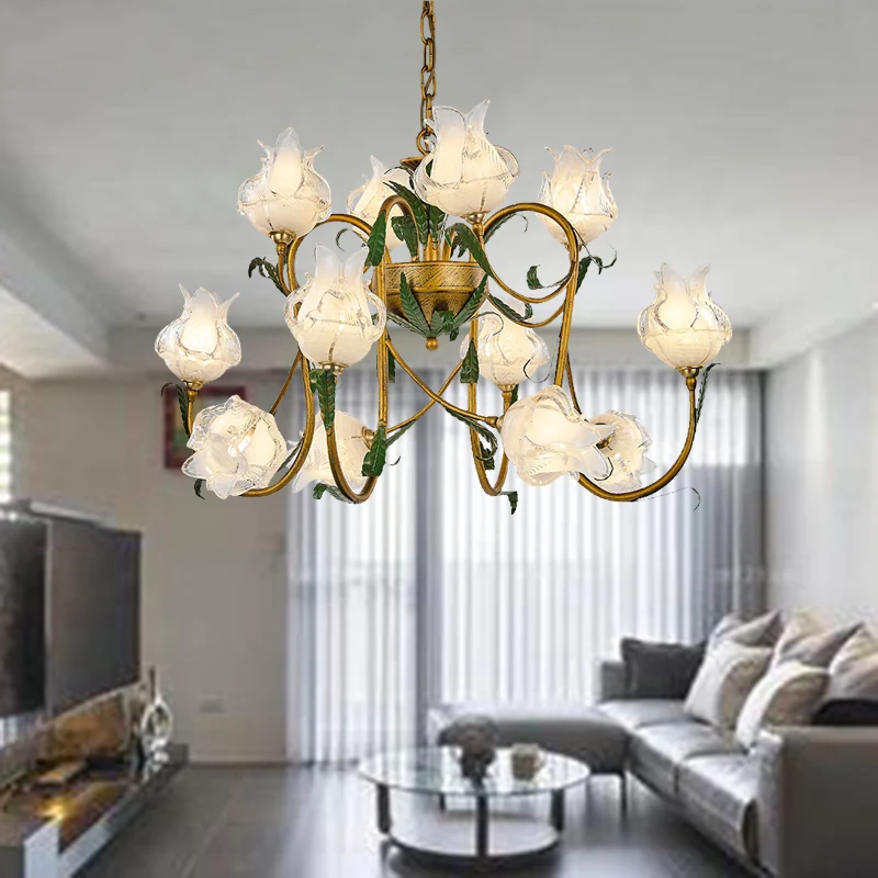 Amerikaanse bloem metalen hangende hanger 16 hoofden wit/geel/paars glas LED-plafondkroonluchter voor woonkamer Clearhalo