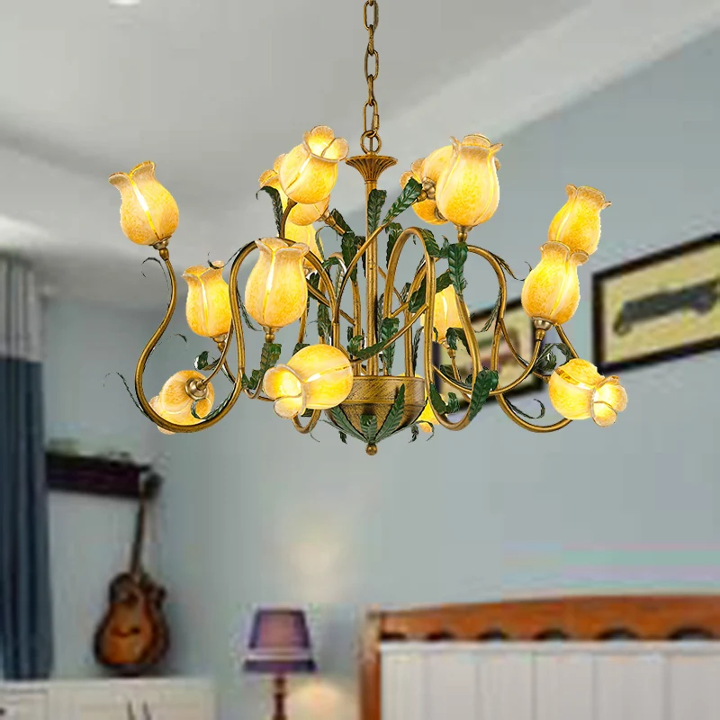 Amerikaanse bloem metalen hangende hanger 16 hoofden wit/geel/paars glas LED-plafondkroonluchter voor woonkamer Clearhalo