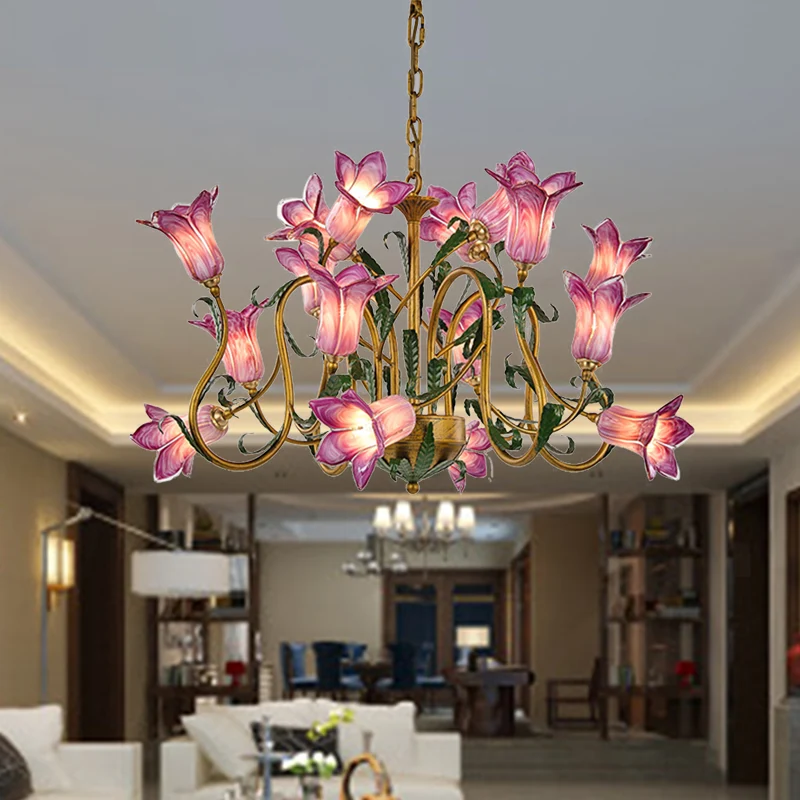 Amerikaanse bloem metalen hangende hanger 16 hoofden wit/geel/paars glas LED-plafondkroonluchter voor woonkamer Clearhalo