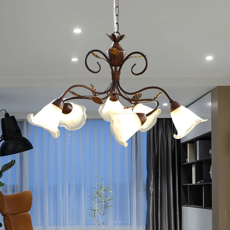 Amerikaanse bloemkroonluchterlamp 6-lichts metalen LED-hanglamp bruin voor woonkamer Clearhalo