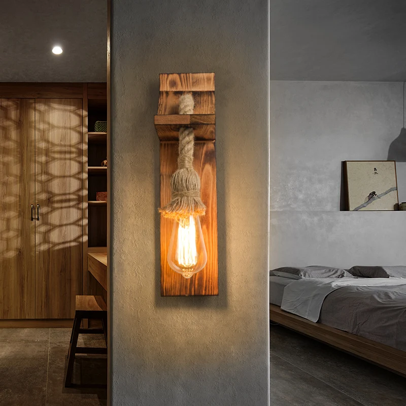 Amerikaanse rustieke wandkandelaar Houten natuurlijk touw Schanslicht voor restaurant Coffee Shop Clearhalo