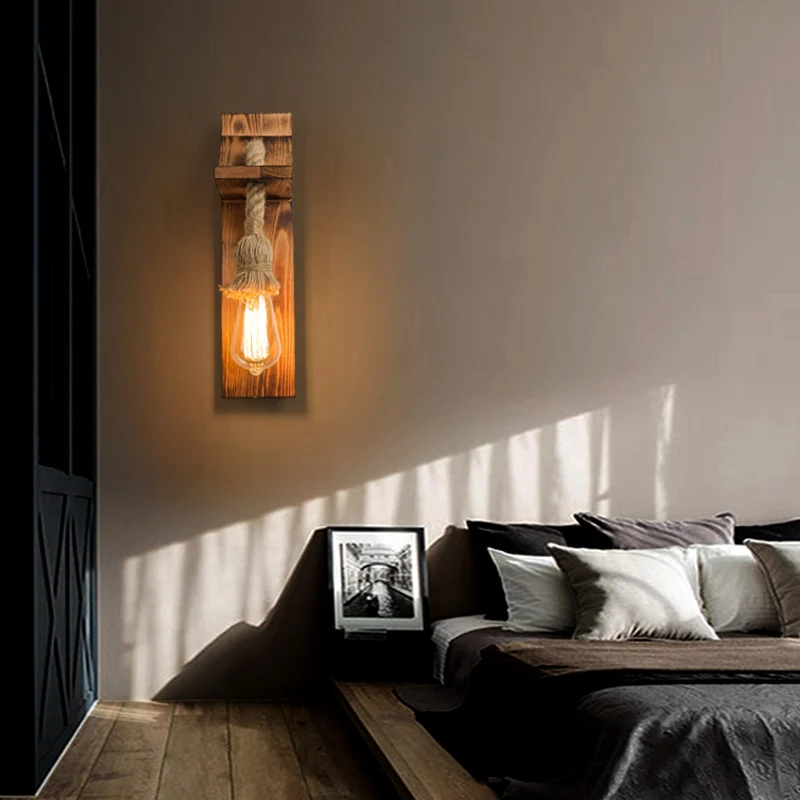 Amerikaanse rustieke wandkandelaar Houten natuurlijk touw Schanslicht voor restaurant Coffee Shop Clearhalo