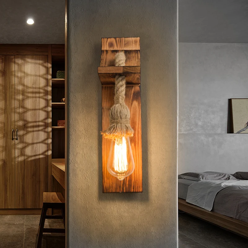 Amerikaanse rustieke wandkandelaar Houten natuurlijk touw Schanslicht voor restaurant Coffee Shop Clearhalo