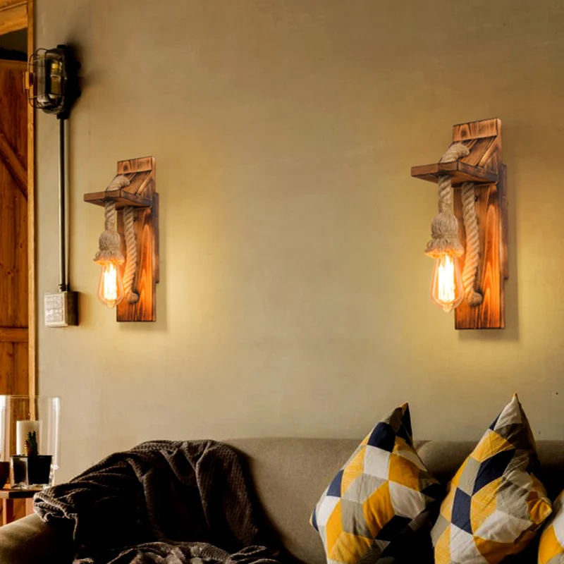 Amerikaanse rustieke wandkandelaar Houten natuurlijk touw Schanslicht voor restaurant Coffee Shop Clearhalo