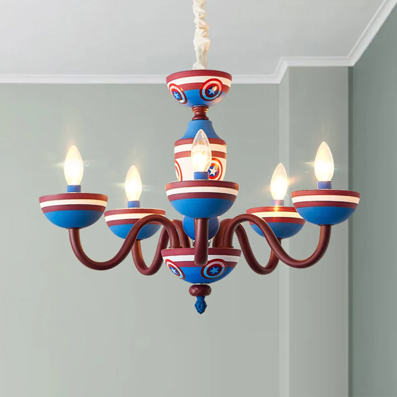Amerikaanse stijlvolle kaars hanglamp metalen kroonluchter blauw en rood voor jongensslaapkamer Clearhalo