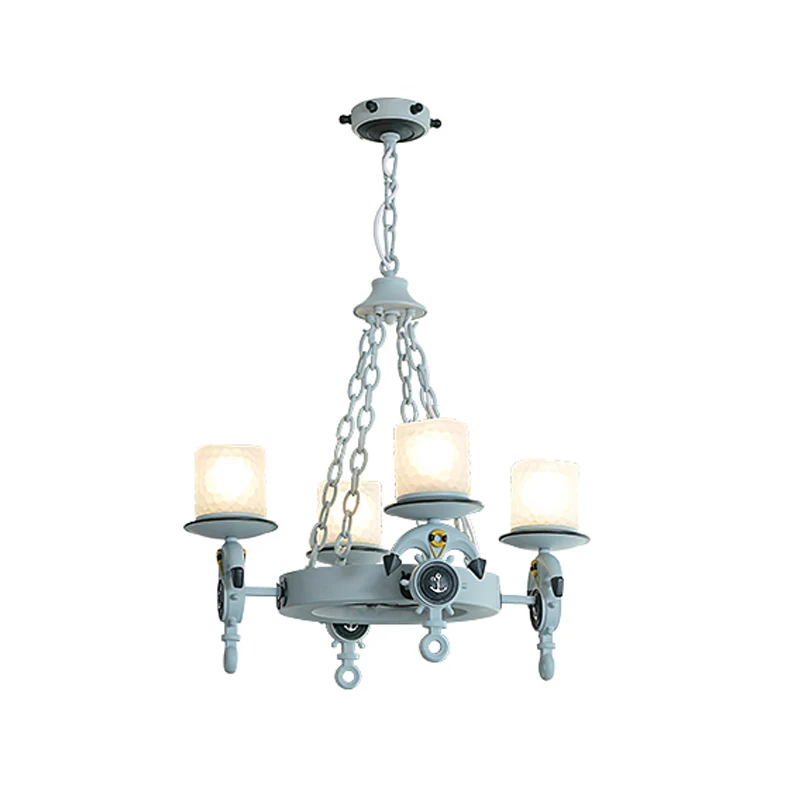 Anker hanglamp modernisme hars 4-lichts blauwe hangende kroonluchter met cilindrische glazen kap met kuiltjes Clearhalo