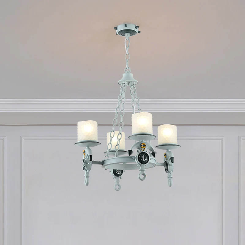 Anker hanglamp modernisme hars 4-lichts blauwe hangende kroonluchter met cilindrische glazen kap met kuiltjes Clearhalo