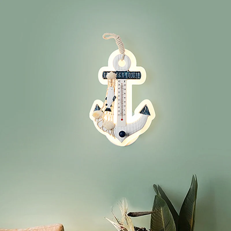 Ankervormige schanslamp van mediterraan hout LED blauw-witte wandlamp Clearhalo