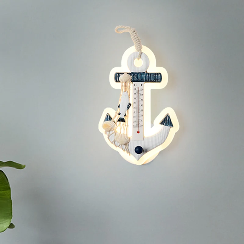 Ankervormige schanslamp van mediterraan hout LED blauw-witte wandlamp Clearhalo
