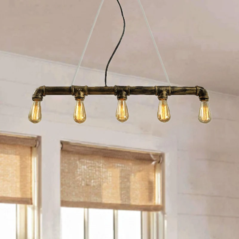 Antiek koperen hanglamp met 5 lampen, industriële stijl, smeedijzeren leidingen, eilandverlichting met zichtbare lamp Clea...