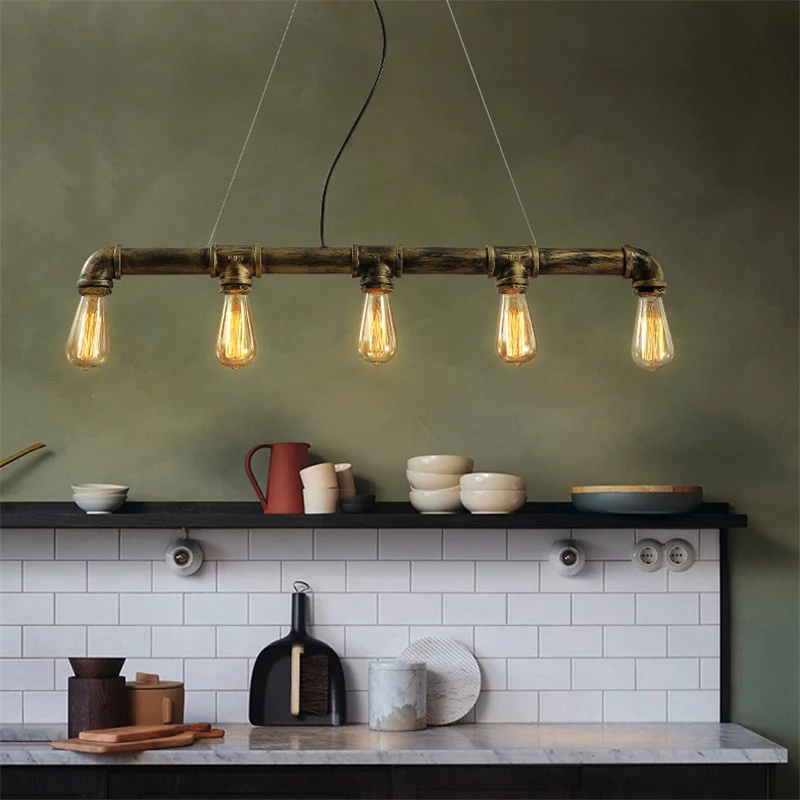 Antiek koperen hanglamp met 5 lampen, industriële stijl, smeedijzeren leidingen, eilandverlichting met zichtbare lamp Clea...