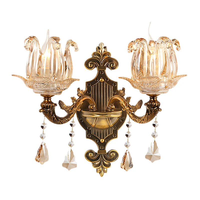 Antiek messing 1/2-licht schanslicht Traditionele kristallen bloem wandmontage lamp voor hal Clearhalo