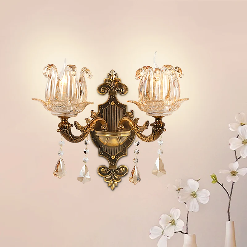 Antiek messing 1/2-licht schanslicht Traditionele kristallen bloem wandmontage lamp voor hal Clearhalo